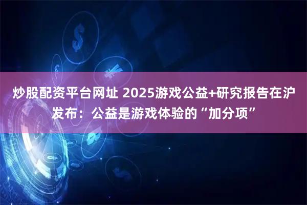 炒股配资平台网址 2025游戏公益+研究报告在沪发布：公益是游戏体验的“加分项”